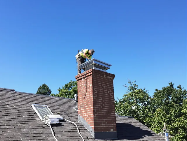 Concord Chimney Sweep technician measuring a chimney cap in Concord, MA
