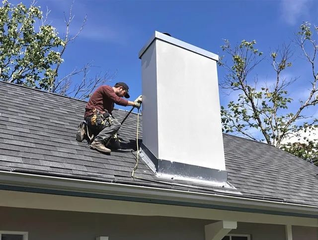 Concord Chimney Sweep team member finishing chimney construction in Concord, MA