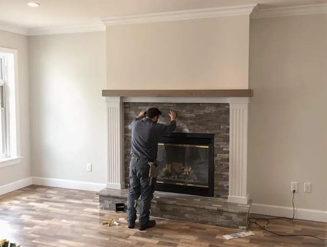 Concord Chimney Sweep finishing a custom fireplace install in Concord, MA